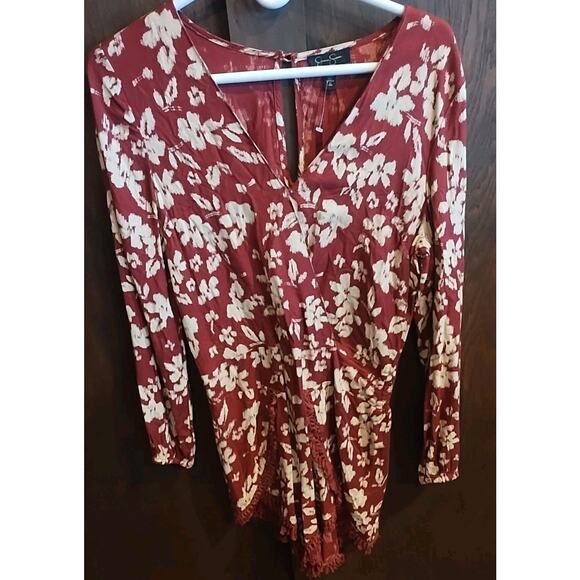 JESSICA SIMPSON Fall Maroon Romper fringe floral v neck boho Size Small Bohemian - Picture 1 of 7